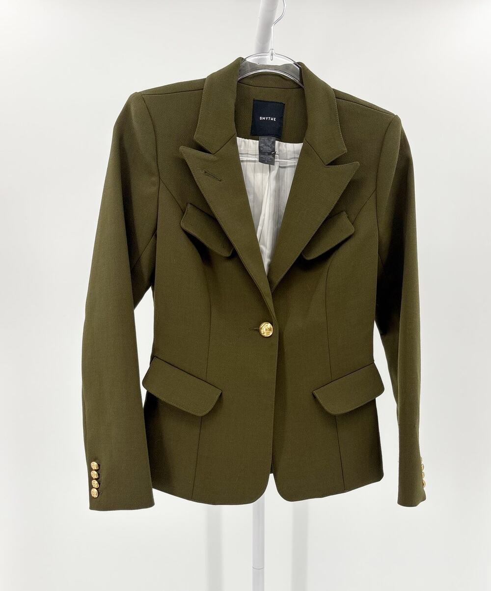 Smythe Duchess Olive Green Wool Tailored Blazer Gold Buttons Jacket Size 6